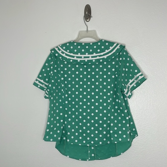 Unique Vintage Green White Polka Dot Bow Top Short Sleeve Blouse Size 2X /18 - Picture 5 of 5